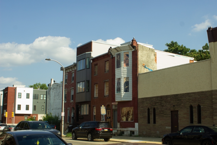 street block of apartments