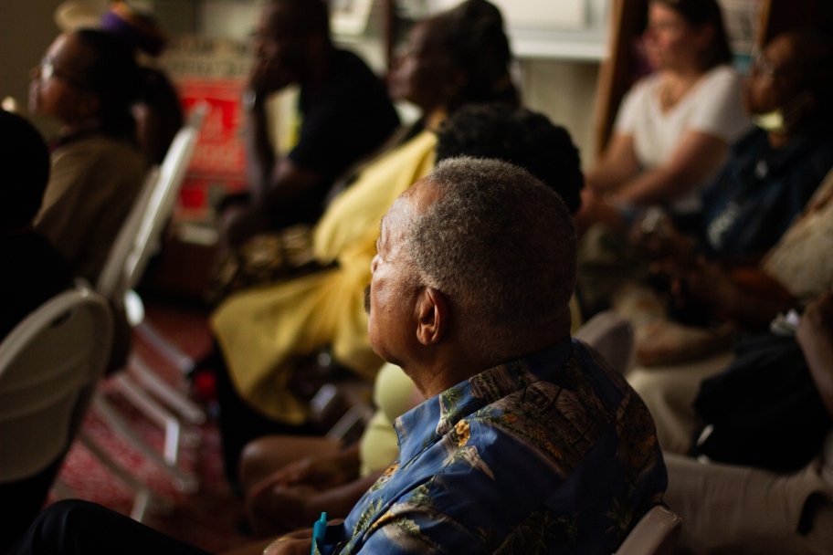 guests viewing an oral history video