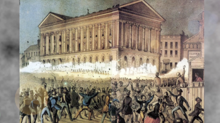 historic illustration depicting a fire riot in Philadelphia